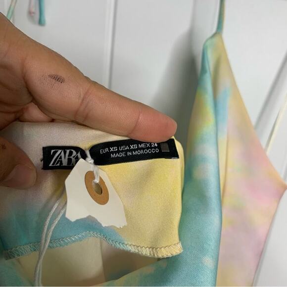 Zara pastel tie dye satin rainbow ruched ruched midi dress blogger size XS - Picture 9 of 11